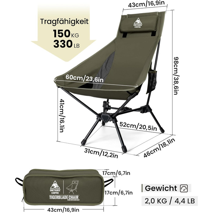 Стілець для кемпінгу OneTigris TIGERBLADE, висока спинка, 170 кг, складний, легкий, трикутник, риболовний, з кишенями, для відпочинку на природі, походів (Ranger Green)