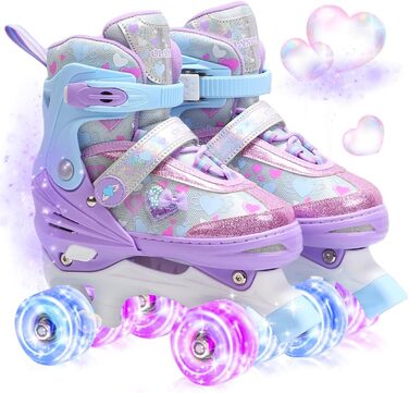 Дитячі ролики для дівчаток з блискучими сердечками та світлодіодними колесами, 4-разове регулювання, ролики для дітей-початківців, ідеальний подарунок на день народження або Різдво, фіолетовий колір