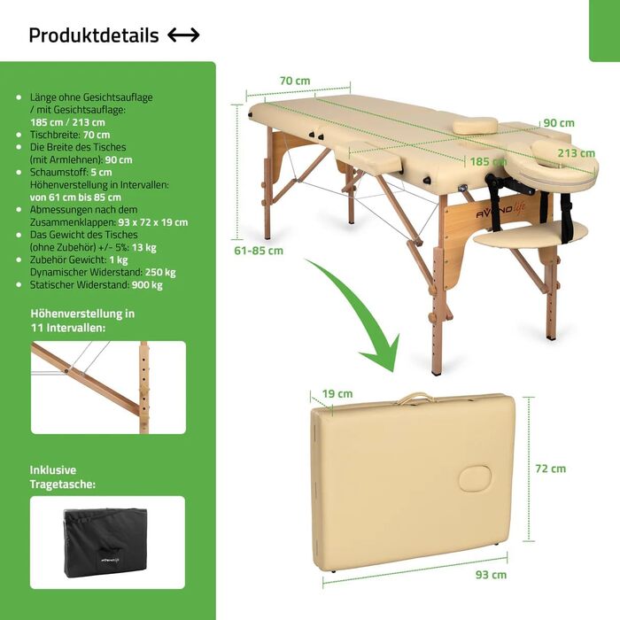 Масажний стіл HABYS Sofia Light з дерева, 2 зони, 185x60 см, до 250 кг, з підлокітниками та підголовником, у комплекті сумка, сертифікат MDR, бежевий
