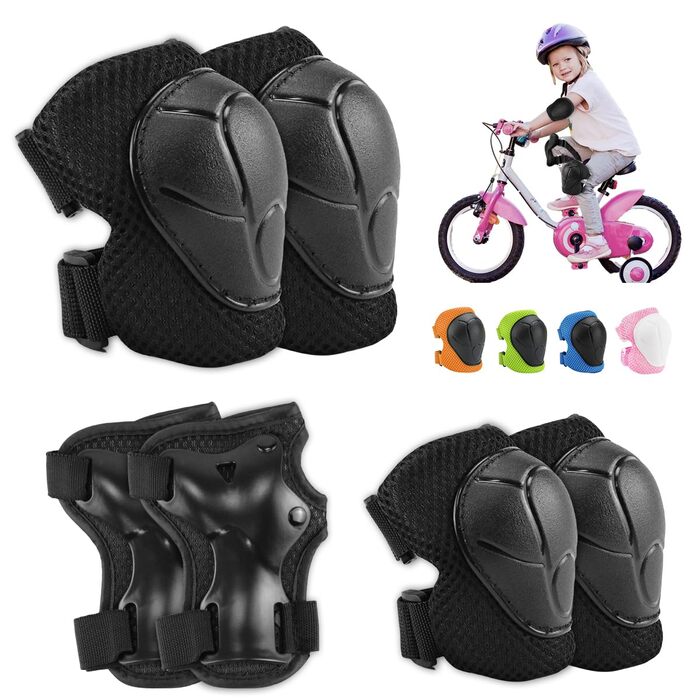 Набір наколінників Kinder 6 в 1: захист колін, ліктів, зап'ясть для скейтбордингу, інлайнів, Hoverboard, велосипеда (чорний)
