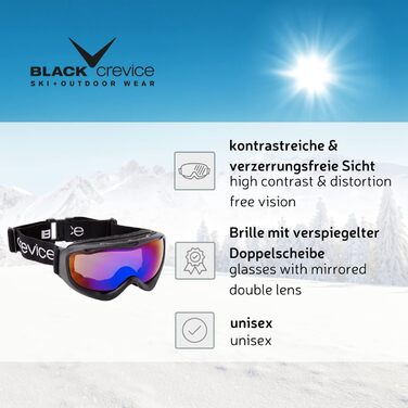 Лижна маска Black Crevice з подвійною дзеркальною лінзою, антифог, UV 400, ударостійка, регульована, для чоловіків та жінок