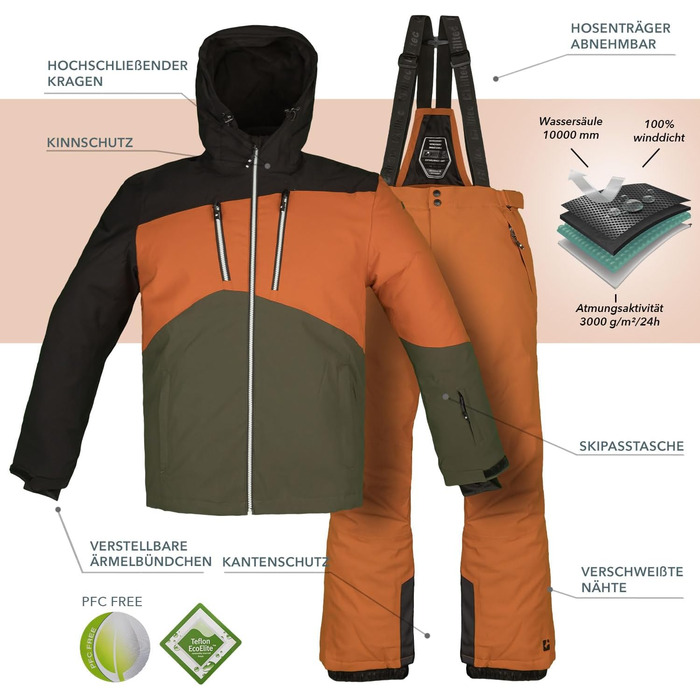 Сніговий костюм Killtec для чоловіків, розмір M, 2 частини (куртка та штани), водонепроникний, вітронепроникний, дихаючий, з водовідштовхувальним покриттям 10 000 мм, чорний, теракота / помаранчевий