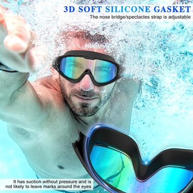 Маска для плавання та дайвінгу Schwimmbrie Unisex, великий об'єм, HD, антизапіт, UV-захист, чорна (L, MC6500)