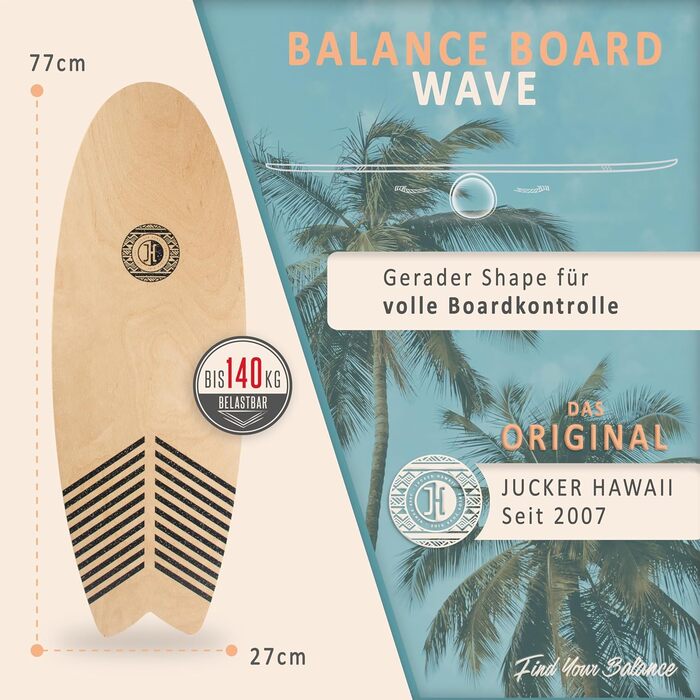 Балансборд JUCKER HAWAII Trick & Surf з натурального дерева, нековзка поверхня, набір Wave з корковим роликом і подушкою
