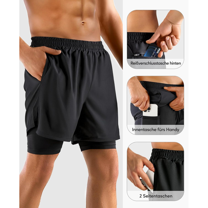 Шорти чоловічі Niksa 2er Pack 2-в-1, спортивні, швидковисихаючі, дихаючі, з кишенею для телефону, чорні, розмір XL
