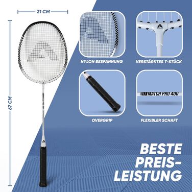 Набір для бадмінтона Apollo Match Pro 400 - ракетки для дітей та дорослих, легкі алюмінієві ракетки, комплект з сумкою, біло-чорний