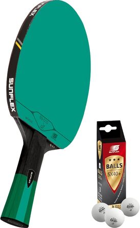 Sunflex Color COMP G50 Професійна ракетка для настільного тенісу з анатомічною ручкою, ITTF сертифікований зелений наклад, для професіоналів і клубних гравців, набір з 3 м'ячами