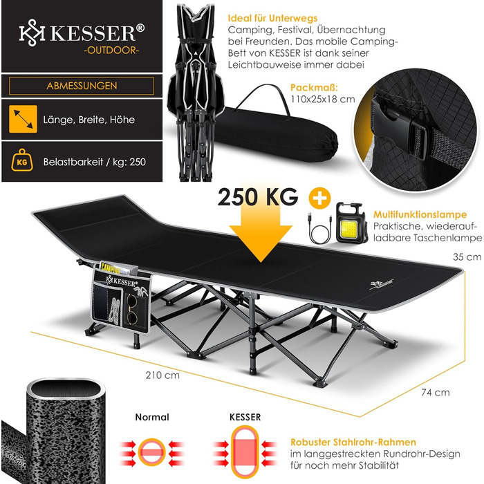 Кемпінг ліжко KESSER® розкладне, металеве, чорне, 210 см, з сумкою та ліхтарем