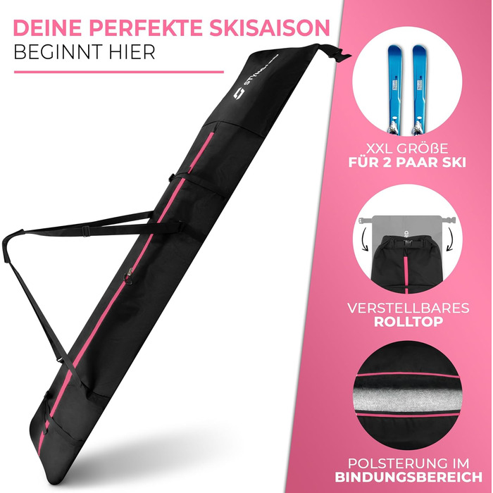 Чохол для лиж STYNGARD KITZBÜHEL (XXL) - для 2 пар лиж до 200 см, водонепроникний, чорно-рожевий
