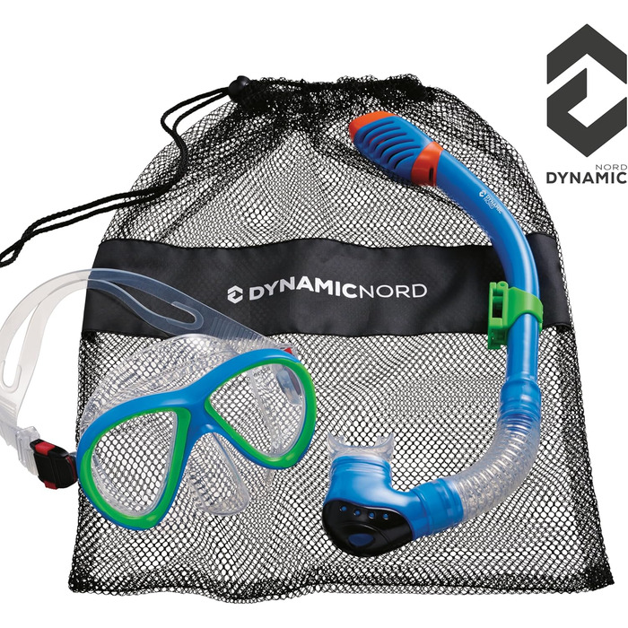 Дитячий набір для дайвінгу DYNAMICNORD La Gomera Pro Junior: силіконова маска, трубка з Dry-Top, безпечне скло, чохол, синій/зелений, розроблено в Німеччині