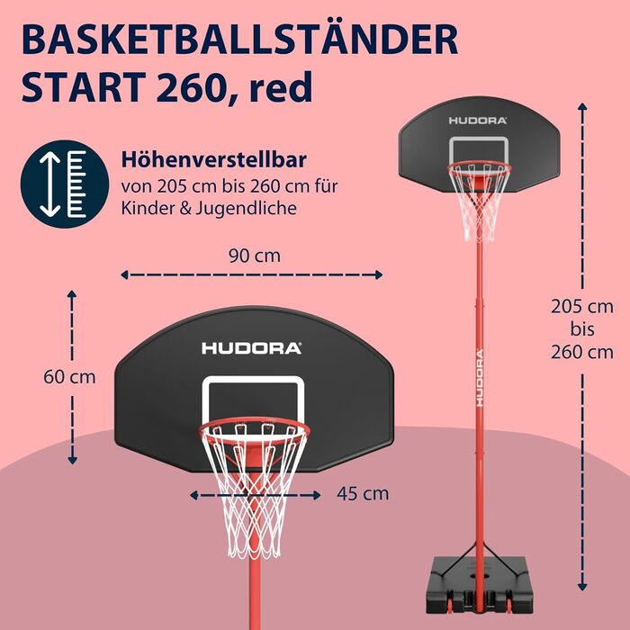 Баскетбольний стенд HUDORA Start: регульована висота, мобільна установка для дітей, підлітків та дорослих, вуличний баскетбольний кошик на колесах (260 см)