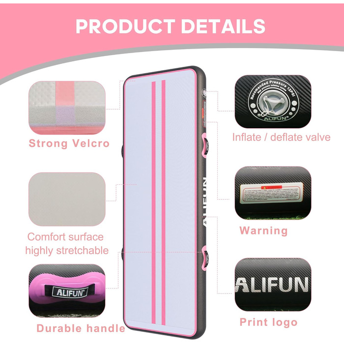 ALIFUN Килимок для гімнастики та акробатики надувний, 2/3/4/6м, 10/20см, з насосом, для дому, фітнесу, черлідингу, басейну, чорний/рожевий, 400x100x10см