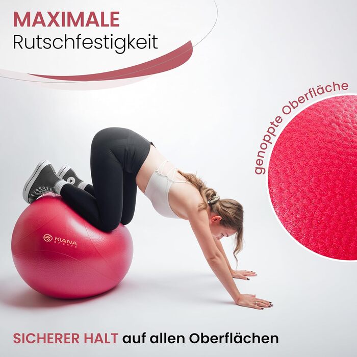 Гімнастичний м'яч KIANA SPORTS® для фітнесу та офісу - 4 розміри, з неслизькою поверхнею, з насосом та планом тренувань, XL (для зросту від 180 см), Бордовий