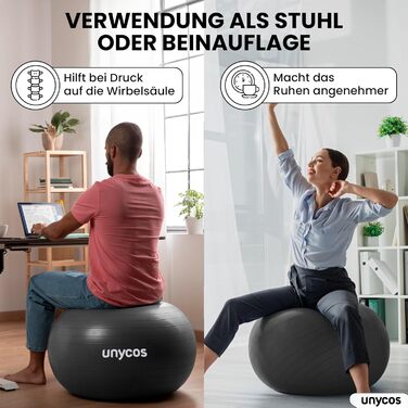 Фітбол Unycos 55/65/75 см: фітбол для йоги, фітнесу, балансу, пілатесу | З насосом, без BPA, антивибуховий | Зелений (#10), Сірий (#12)