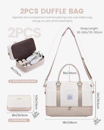 Спортивна сумка LOVEVOOK для жінок з відділенням для взуття, ручна поклажа, дорожня сумка, сумка для вихідних, дамська сумка для подорожей, клінічна сумка, сумка для пологового будинку, для спортзалу, пляжу, сауни, кемпінгу (L-2шт, Бежевий, Ніжний рожевий