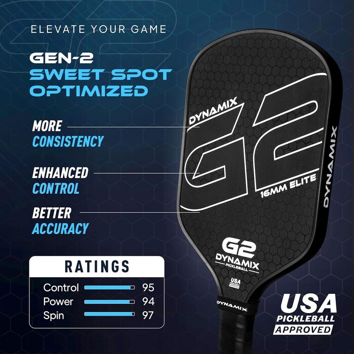 Плечовий ракетка для піклболу з вуглецевого волокна Gen-2, 16 мм, сертифікована USAPA, для професійних гравців, чорний грип/чорний край
