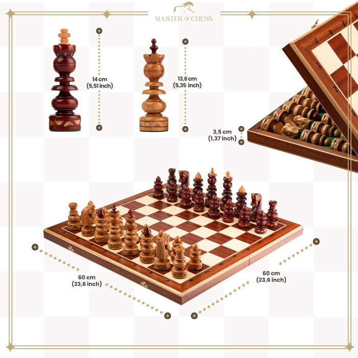 Шахи Master of Chess Luxus BIZANT 59 см – інтарсія з дерева, класичний набір, ручна робота, фігури з вишні