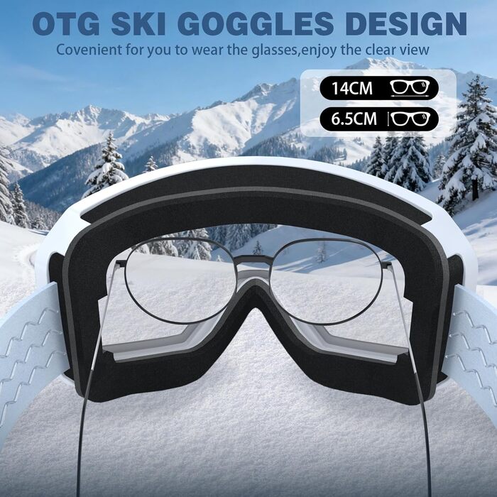 Скі-маска для чоловіків та жінок YH359, сноуборд маска для носіїв окулярів, OTG, захист від запотівання, UV-захист, антиковзаюча стрічка, повне REVO покриття (Білий/Revo Синій - VLT 19%)