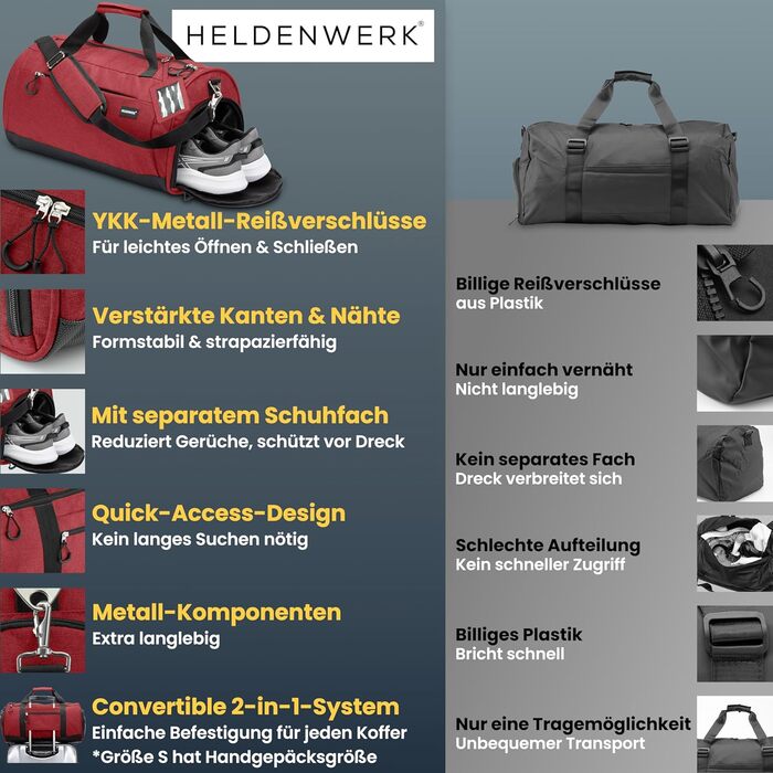 Спортивна сумка Heldenwerk® для жінок та чоловіків, 58 x 31 x 31 см, 50 л. З відділенням для взуття та мокрих речей. Ідеальна для подорожей, спортзалу та тренувань.