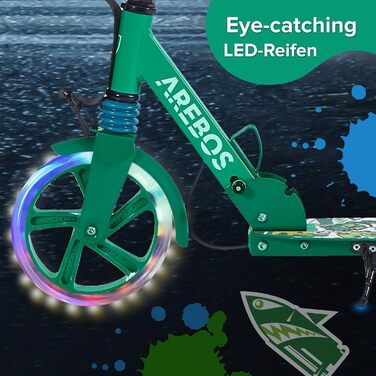 Самокат Arebos з LED-підсвіткою, складаний, регульований, для дітей і дорослих, до 100 кг, ручна і ножна гальмівна система, з ременем для перенесення