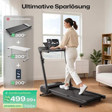 Біговий тренажер Smart з автоматичним нахилом 9%, двигун 2.5 PS Brushless, складаний біговий килимок для дому та офісу, велика площа для бігу, тихий та для суглобів, додаток з AI, World-Tour та HIIT, автоматичний нахил з столом та ручкою підтримки