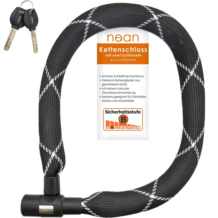 Надійне велозамкне Nean Kettenschloss: 900 мм, сталевий ланцюг, 2 ключі, чорний