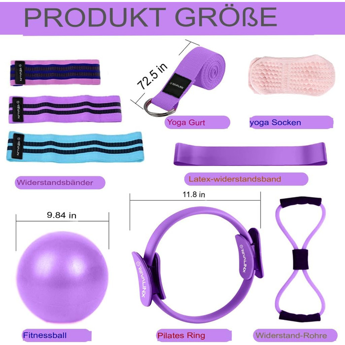 Набір для пілатесу вдома 9шт: м'яч, стрічки, кільце, гурт, шкарпетки, аксесуари для жінок, фітнес, пілатес-реформер (фіолетовий)