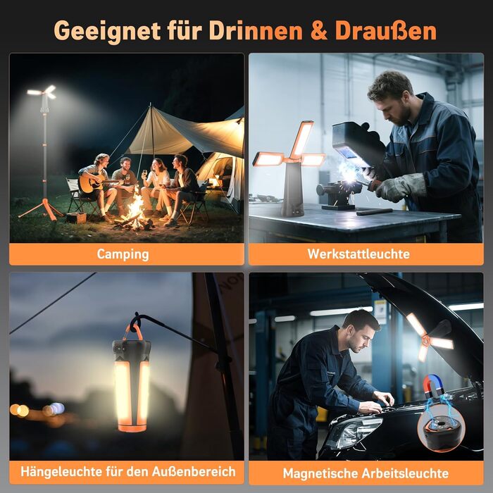 Портативна LED кемпінгова лампа 15000mAh з телескопічним штативом, 5500LM, IP65, вологостійка, для кемпінгу, подорожей, бастіону, намету, з підсвічуванням (Помаранчевий)