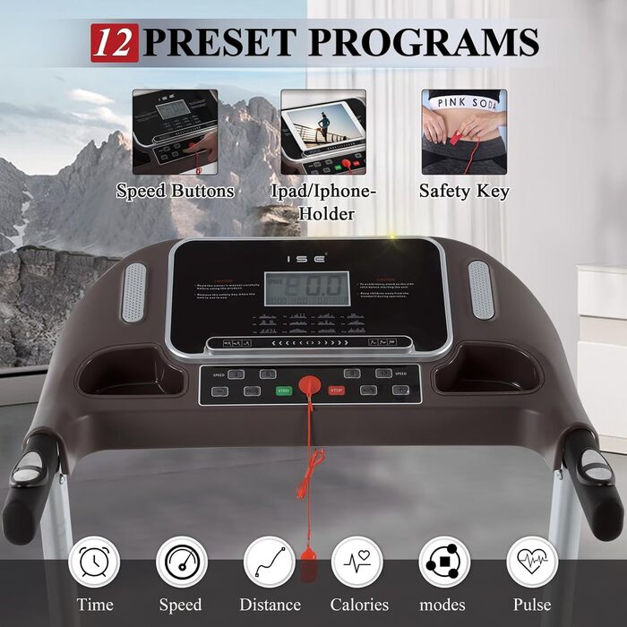 Бігова доріжка ISE для дому, складаний, 12 програм, LCD-дисплей, нахил, 1-14 км/год, 2.0HP