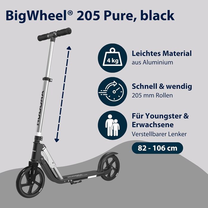 HUDORA BigWheel Pure Scooter: сталевий самокат з регулюванням висоти та складанням, до 100 кг, для підлітків та дорослих (чорний)