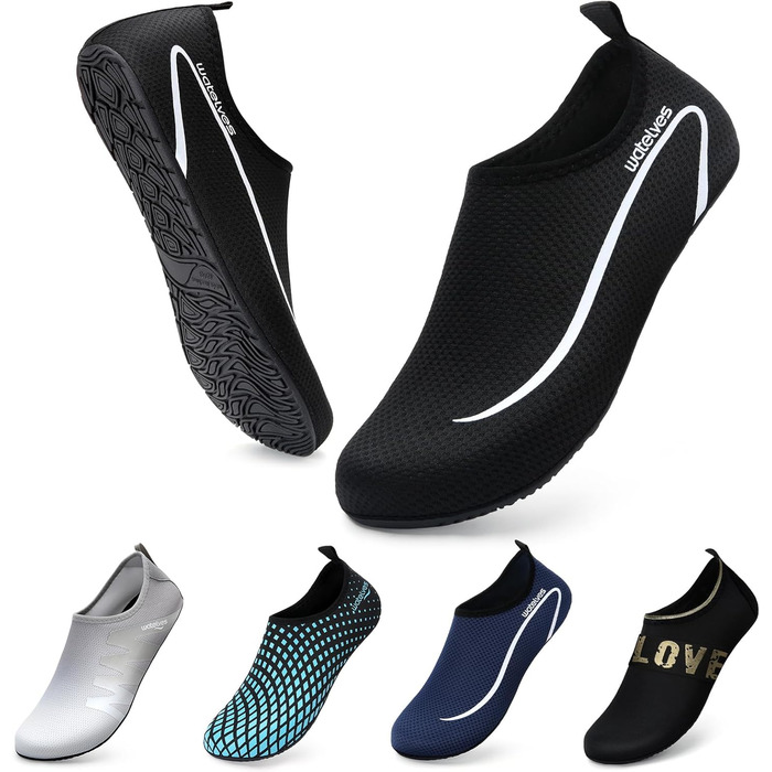 Водні черевики для плавання та відпочинку на пляжі: чоловічі та жіночі, швидковисихаючі, дихаючі, slip-on, розміри 34-47 EU, чорний колір