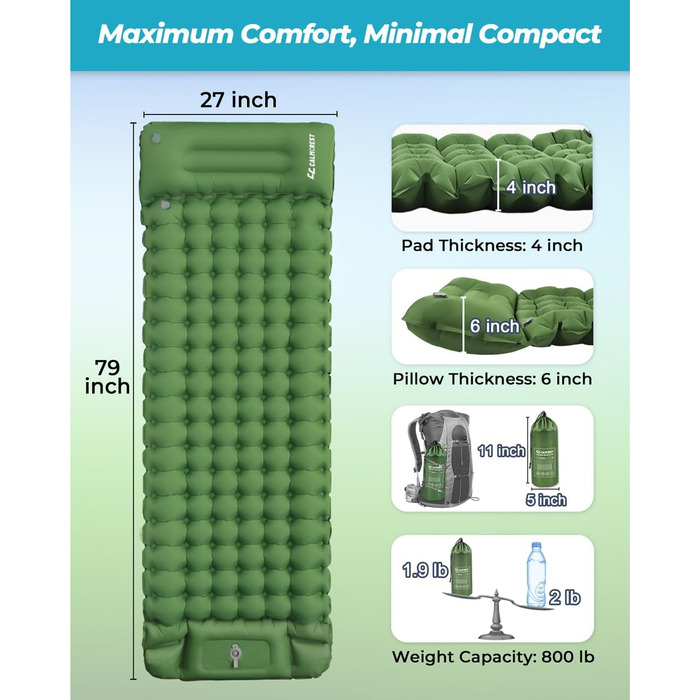 Надувна туристична матрац COOLERO з помпою та подушкою, зелена. Легка, компактна, для кемпінгу та подорожей.