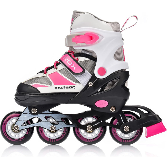 Дитячі ролики Meteor Rox з регулюванням, рожево-сірі. ABEC-7 підшипники, PU колеса 72мм, рама з алюмінію. Розміри S30-33, M34-37, L38-41