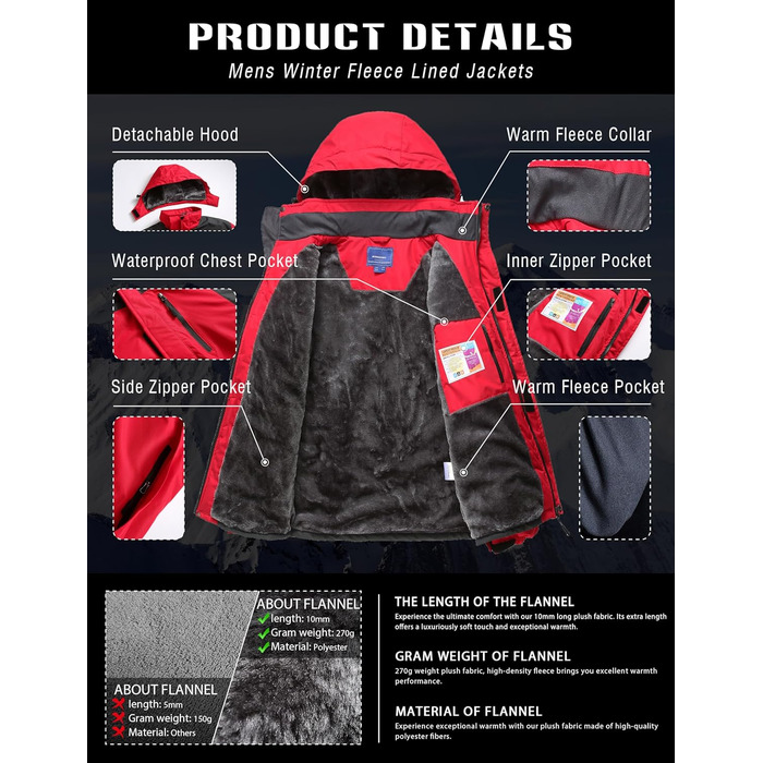 Зимова куртка для чоловіків, сноубордистська куртка, тепла, водонепроникна, для активного відпочинку, вітронепроникна, знімний капюшон, XL, червона