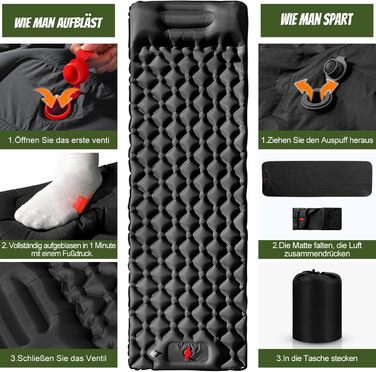 Каревіпарк Килимок для кемпінгу з подушкою, ультралегка повітряна матрац для кемпінгу, водонепроникний килимок для сну для кемпінгу, відпочинку на природі, подорожей, піших прогулянок, пляжу, чорного кольору.