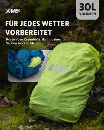 Туристичний рюкзак Terra Peak Flex 30L з вентиляцією спини, дощовиком і тримачем для питної системи – середній преміум-рюкзак для походів, 3D Air Mesh, поясний ремінь