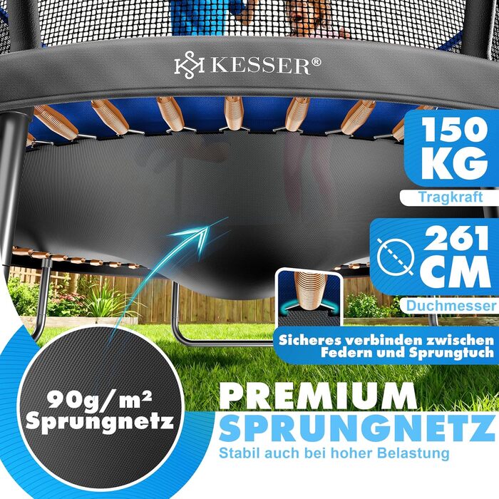 Трамплін KESSER® Outdoor для дітей та дорослих, діаметр 244/305/366/427 см, з сертифікатом GS, безпечне сітко, сходи, захисний борт, м'які стійки (блакитний, ⌀ 305 см)