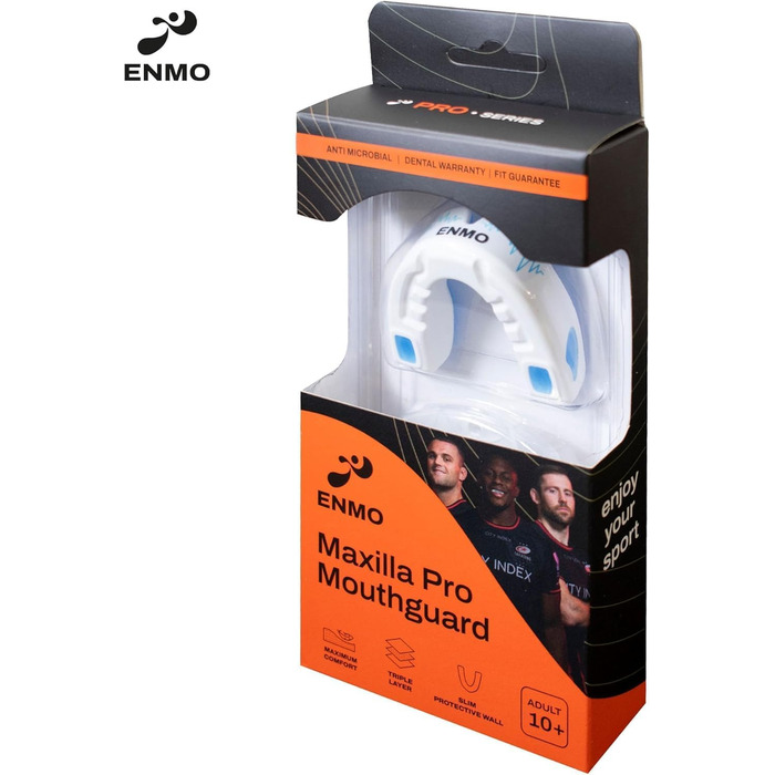 Захисна капа Enmo Maxilla Pro: для дорослих та дітей (10+), з чохлом. Підходить для регбі, боксу, хокею та контактних видів спорту. Капу з технологією Boil & Bite, тришаровий, з каналом для дихання. Білий/блакитний колір.
