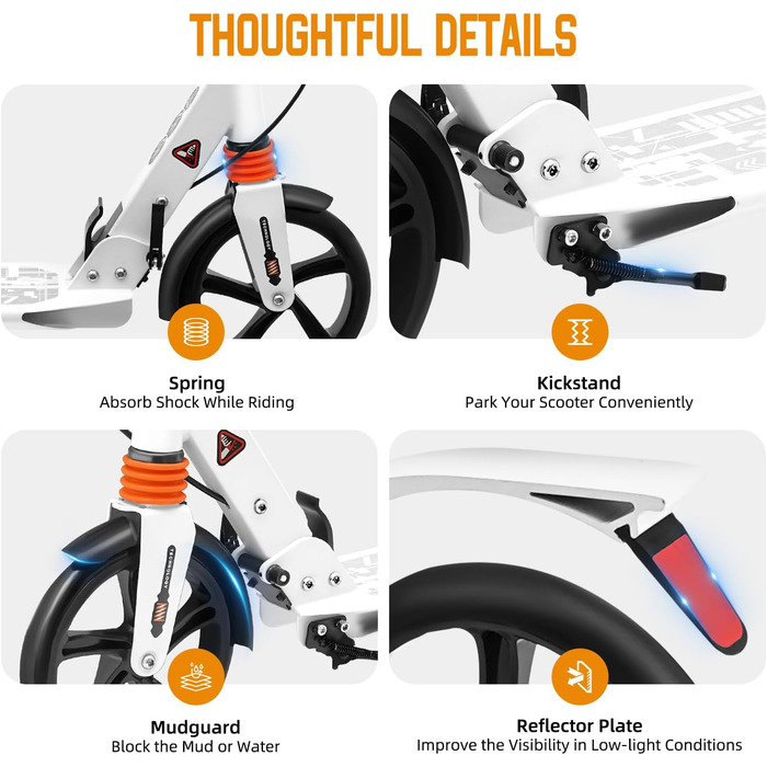 Скутер дорослий, складний, з регулюванням висоти, з поліуретановими колесами, для міста, для дівчаток та хлопчиків, підходить для ваги до 100 кг