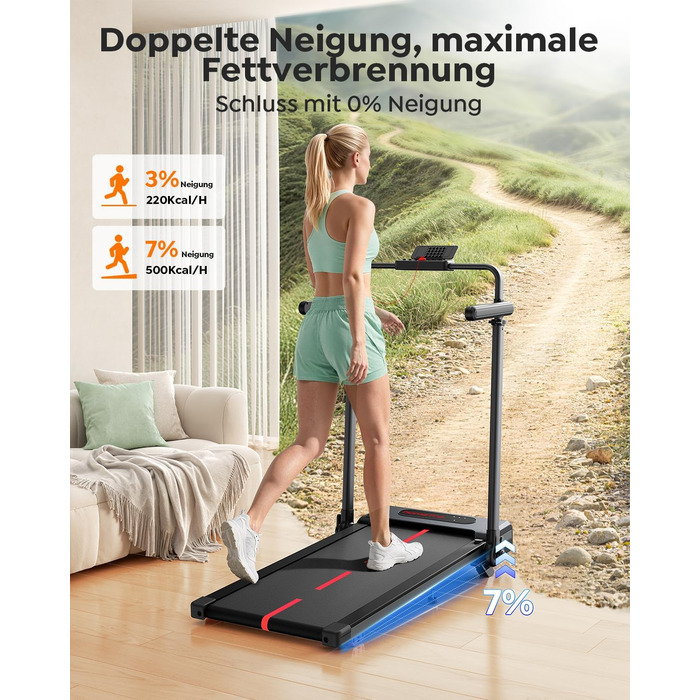 Складана бігова доріжка для дому з нахилом 7%, Walking Pad до 12 км/год, з регульованим поручнем та знімним робочим столом, двигун 3.0 к.с., керування через додаток та пульт, червоно-чорна