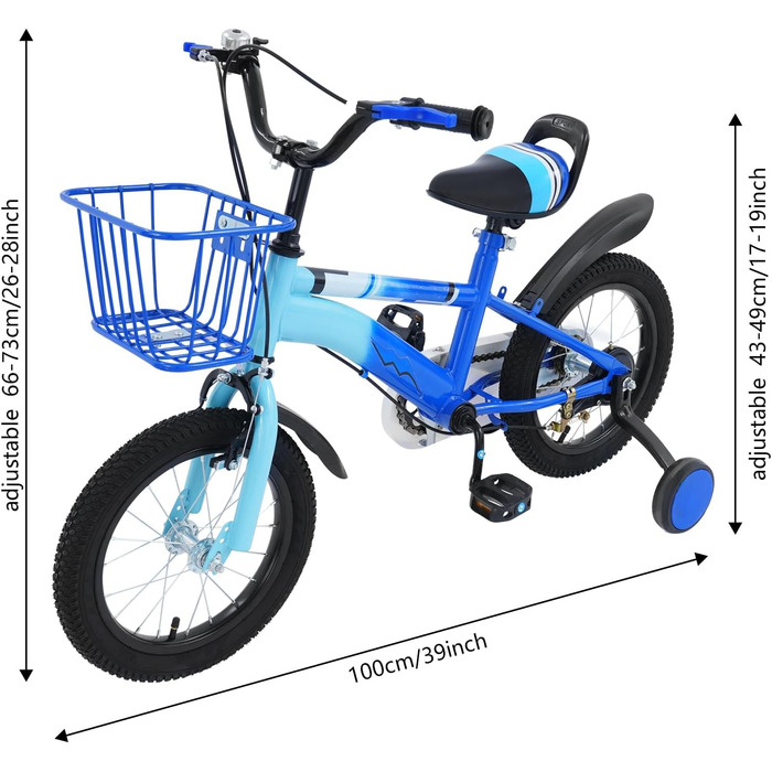 Дитяче велосипед 14 дюймів для хлопчиків та дівчаток з додатковими колесами та кошиком, від 3 років, з двома гальмами, регульоване кермо та сидіння (блакитний)