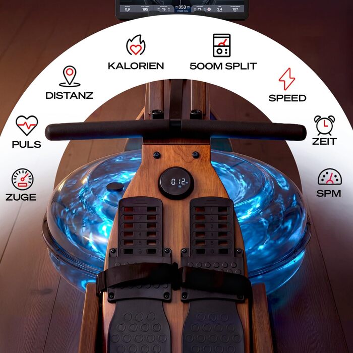 Гребний тренажер для дому PROwer WRX500 з водним/магнітним опором, LED-дисплеєм, Bluetooth, вертикальним зберіганням