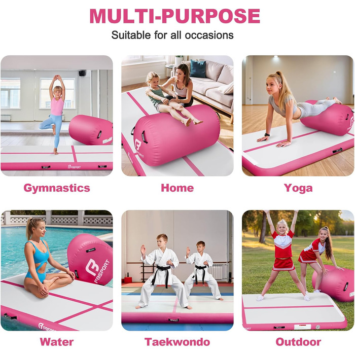 FBSPORT Килимок для гімнастики та йоги надувний, 400x100x10 см (рожевий) з ролею 100x60 см, 10 см товщини