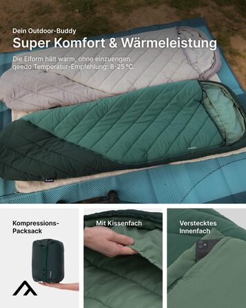 Сплячий мішок Qeedo Buddy 8 Outdoor для літа (8-25°C), 3 сезони, для дорослих та підлітків (до 200 см), компактний та легкий, поверхня Peach-Skin, колір Pinegreen