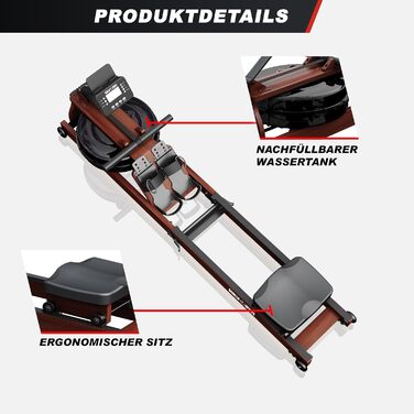 Гребний тренажер GORILLA SPORTS® з водним опором, складаний, компактний, з Bluetooth, роликами, 6 рівнів опору, сумісний з додатком, з дерева. Ідеально для дому.