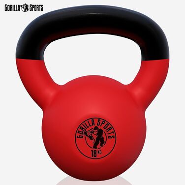 Кетлбел GORILLA SPORTS 18 кг, чавунний з вініловим покриттям, гиря для фітнесу та силових тренувань