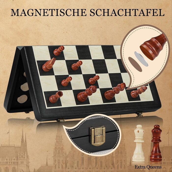 Шаховий набір Joneytech 2 в 1 магнітний, 39х39 см, дерев'яний, складаний, для дорослих та дітей, з додатковою королевою