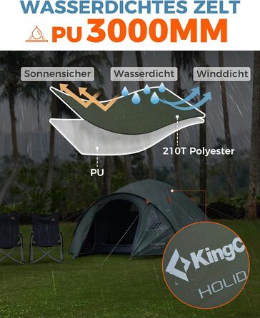 Намет KingCamp для кемпінгу на 4 особи: просторий, водонепроникний (PU3000mm), для трекінгу та відпочинку на природі (зелений)