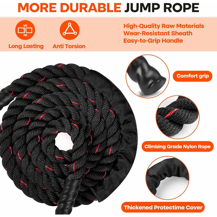Важкий скакальний трос, фітнес-канат, бойові троси, 280 см / 0,6 кг, вага 280 см / 0,6 кг, тренувальний трос з ручками для розвитку сили, м'язів та загальної фізичної форми (Чорний/Червоний)