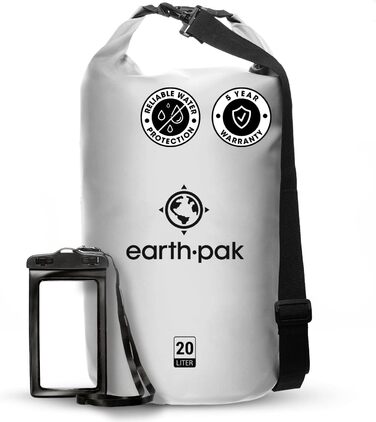 Earth Pak Packsack 55L: Водонепроникний рюкзак з водонепроникним чохлом для телефону – ідеальний для каякінгу, піших прогулянок, кемпінгу, риболовлі, катання на човні та рафтингу (білий)